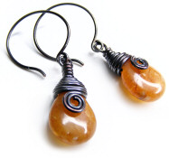 Oxidised copper and honey opal earrings hand crafted and available from Boo's Jewellery.