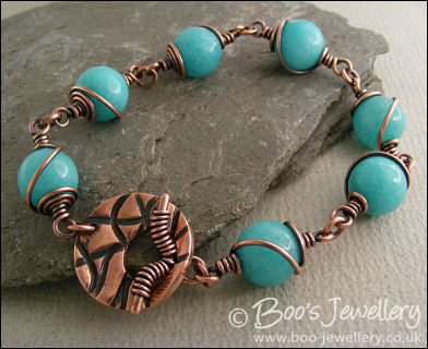 Aqua jade and copper toggle bracelet