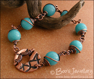 Aqua jade and copper toggle bracelet