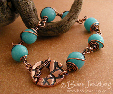 Aqua jade and copper toggle bracelet