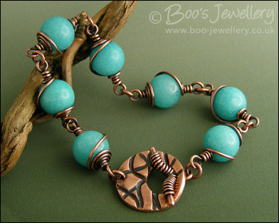 Aqua jade and copper toggle bracelet