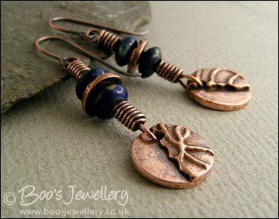 Antiqued copper and cobalt blue texture earrings