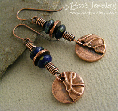 Antiqued copper and cobalt blue texture earrings