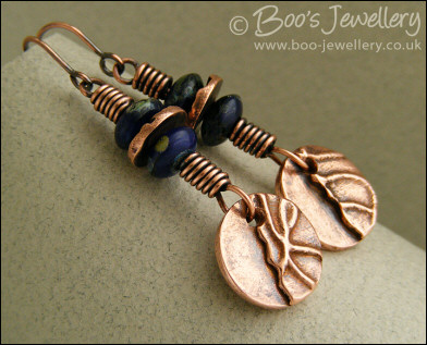 Antiqued copper and cobalt blue texture earrings