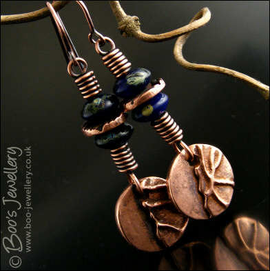 Antiqued copper and cobalt blue texture earrings