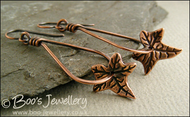 Antiqued copper teardrop loop earrings with ivy leaves