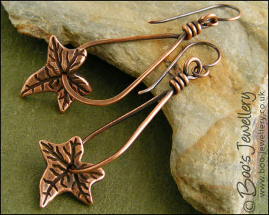 Antiqued copper teardrop loop earrings with ivy leaves