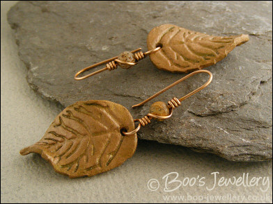 Clay leaves and bronze bead wrapped earrings