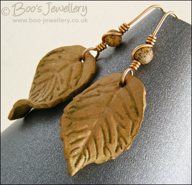Clay leaves and bronze bead wrapped earrings
