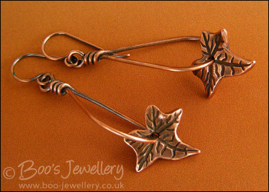 Antiqued copper teardrop loop earrings with ivy leaves
