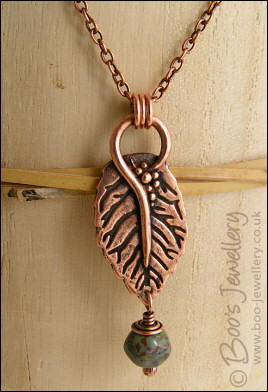 Copper leaf pendant with Picasso bead dangle