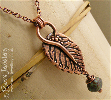 Copper leaf pendant with Picasso bead dangle