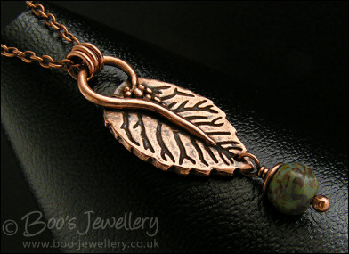 Copper leaf pendant with Picasso bead dangle