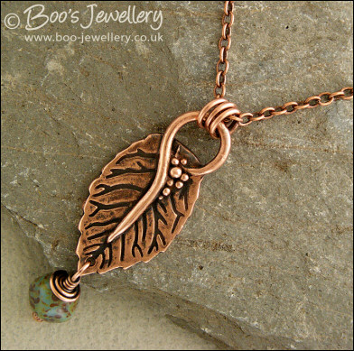 Copper leaf pendant with Picasso bead dangle