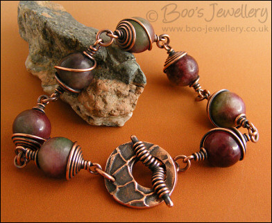 Tourmaline and copper spiral wrapped toggle bracelet