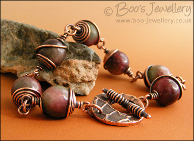 Tourmaline and copper spiral wrapped toggle bracelet