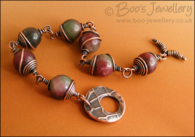 Tourmaline and copper spiral wrapped toggle bracelet