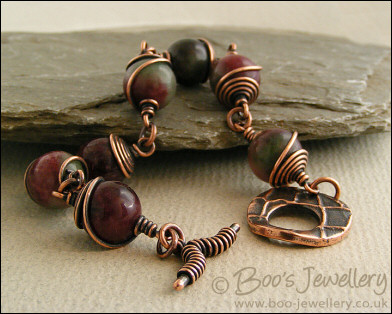 Tourmaline and copper spiral wrapped toggle bracelet