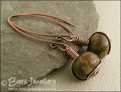 Snake skin jasper rosebud knot wrapped earrings