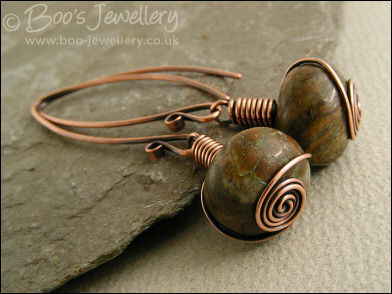 Snake skin jasper rosebud knot wrapped earrings