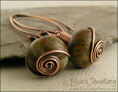 Snake skin jasper rosebud knot wrapped earrings