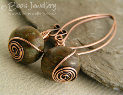 Snake skin jasper rosebud knot wrapped earrings