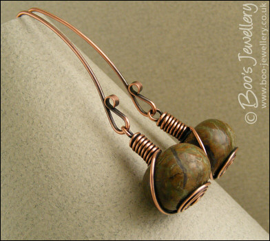 Snake skin jasper rosebud knot wrapped earrings