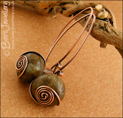 Snake skin jasper rosebud knot wrapped earrings