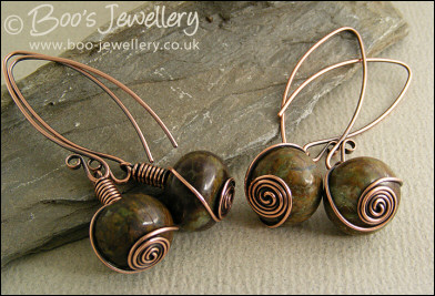 Snake skin jasper rosebud knot wrapped earrings