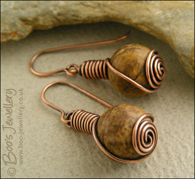 Picture Jasper rosebud knot wrapped copper earrings