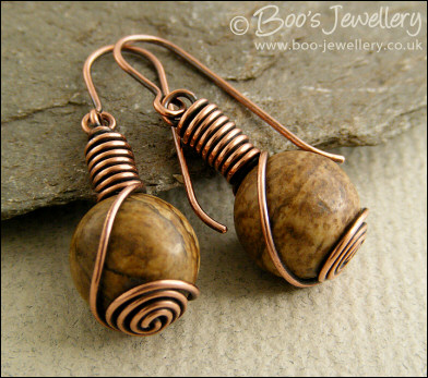 Picture Jasper rosebud knot wrapped copper earrings