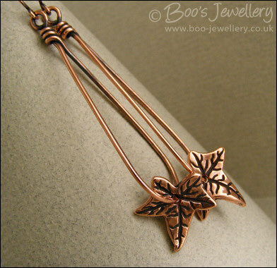 Antiqued copper teardrop loop earrings with ivy leaves