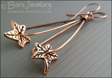 Antiqued copper teardrop loop earrings with ivy leaves