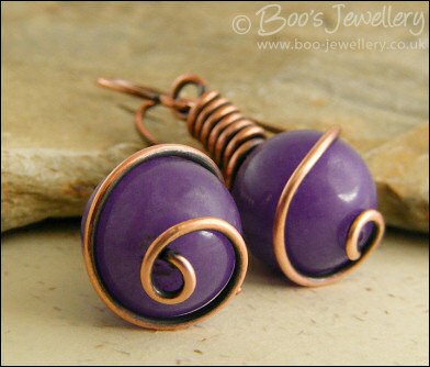 Lavender jade spiralled antiqued copper earrings
