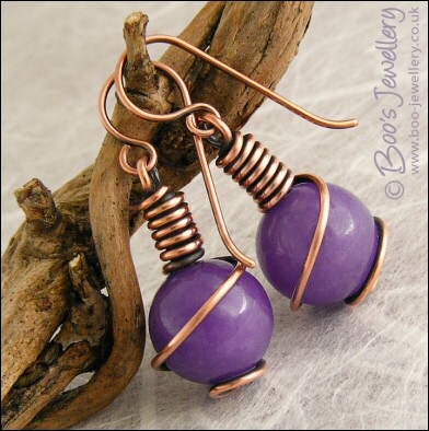 Lavender jade spiralled antiqued copper earrings