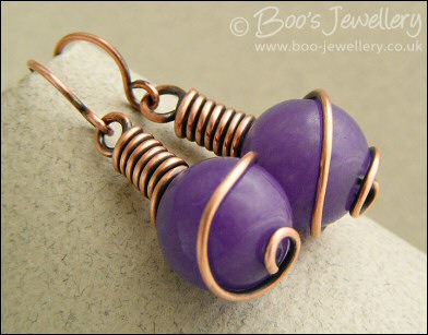 Lavender jade spiralled antiqued copper earrings