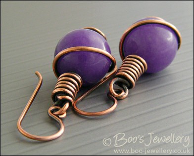 Lavender jade spiralled antiqued copper earrings