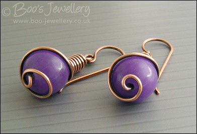 Lavender jade spiralled antiqued copper earrings