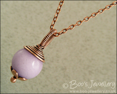 Lilac jade flower capped and wire wrapped pendant