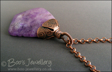 Purple agate kite pendant with petal beadcap and wrapped bail
