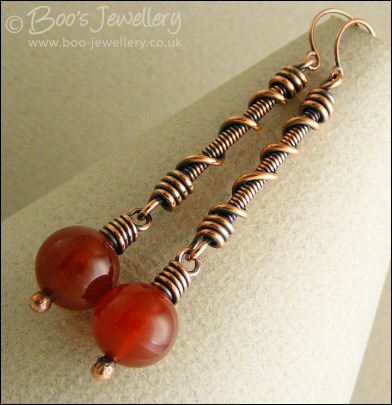 Carnelian long drop earrings with coiled connectors - made to order
