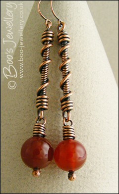 Carnelian long drop earrings with coiled connectors - made to order