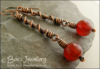 Carnelian long drop earrings with coiled connectors - made to order