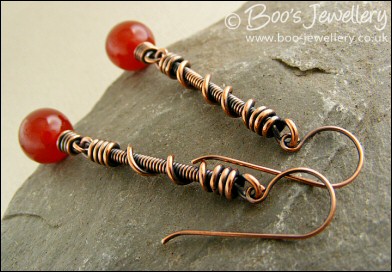 Carnelian long drop earrings with coiled connectors - made to order