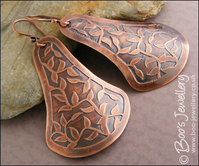 Leaf tendril etched fan shaped copper earrings