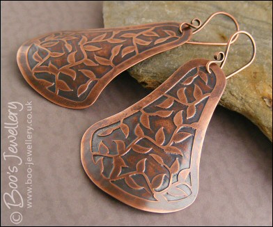 Leaf tendril etched fan shaped copper earrings