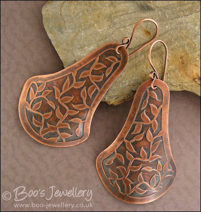 Leaf tendril etched fan shaped copper earrings