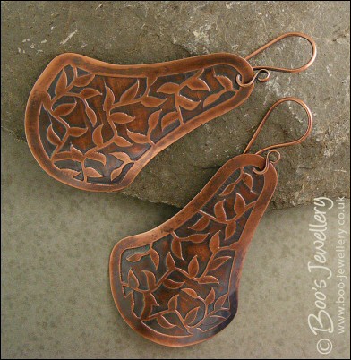 Leaf tendril etched fan shaped copper earrings