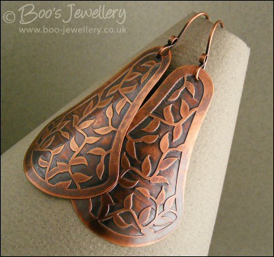 Leaf tendril etched fan shaped copper earrings