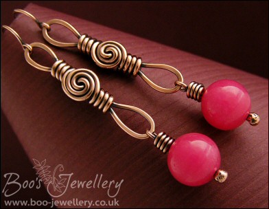 Long loop and rosebud knot earrings with raspberry jade - RESERVED